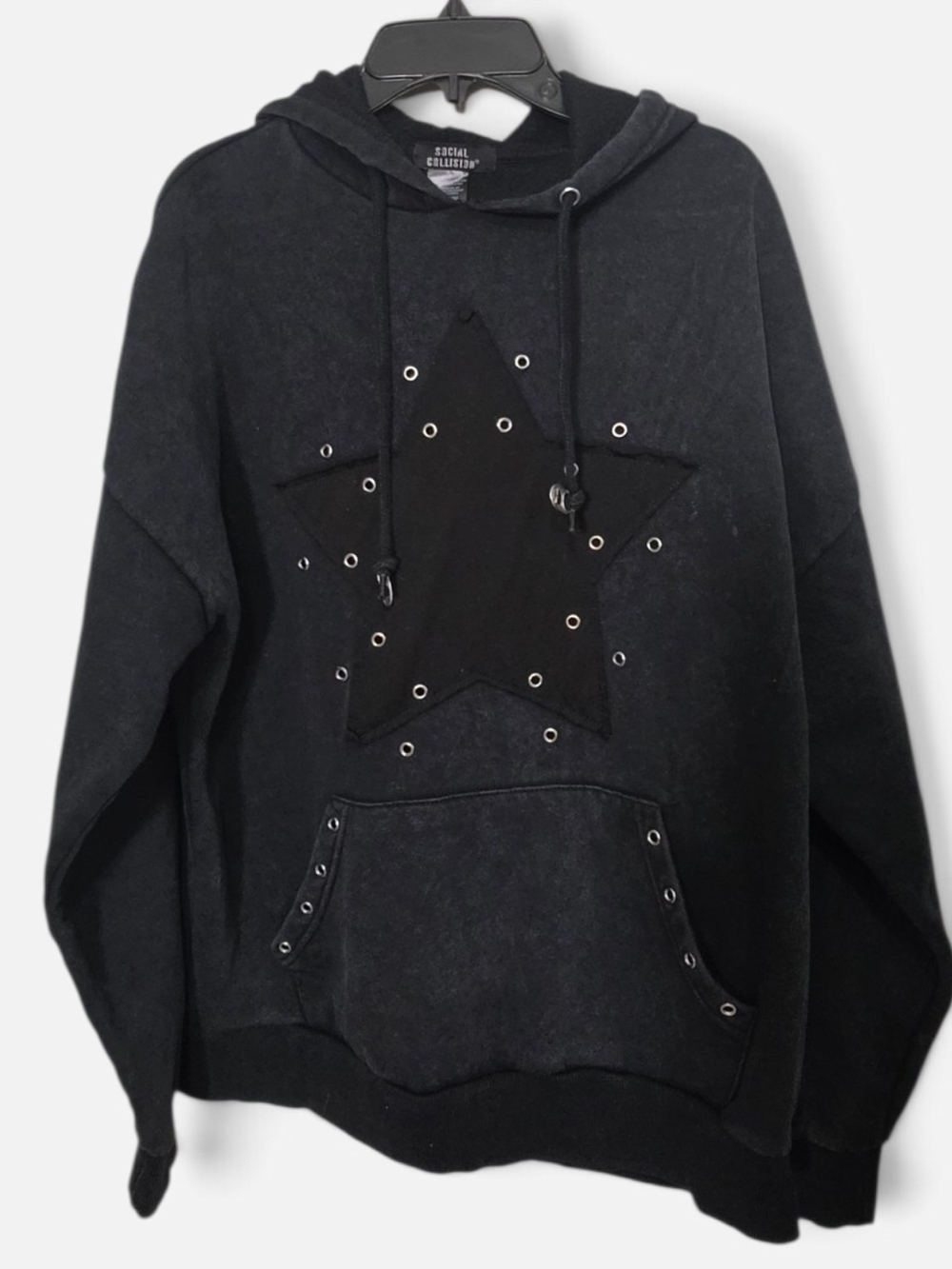 Social Collision Washed Black Star Grommet Hoodie Grunge Alt Y2K Oversized